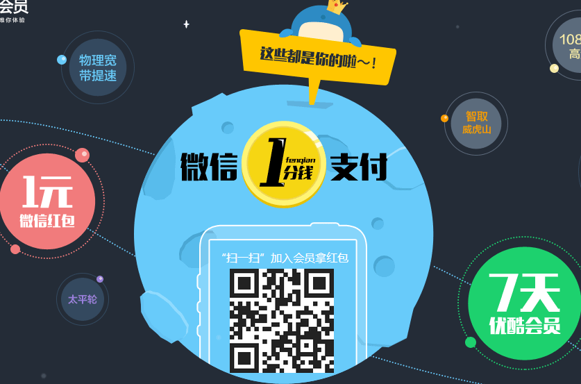 微信支付1分錢(qián)得7天優(yōu)酷會(huì)員和1元紅包活動(dòng)