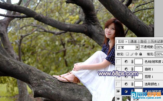 PS給大樹上美女增加秋季晨曦效果